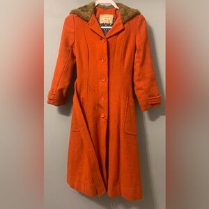 Orange Trench Coat with Faux Fur Collar